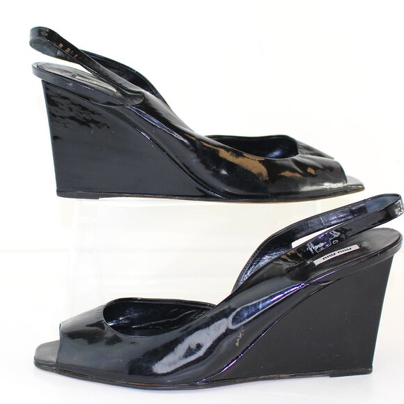 Miu Miu Patent Leather Slingback Peep Toe Wedges (EU 37 - US 6.5) - Picture 1 of 8